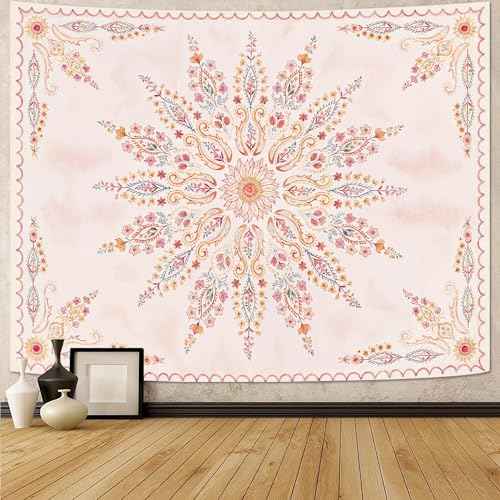 Boho Floral Mandala Tapestry for Bedroom Aesthetic Pink Bohemian Flower Wall Tapestry Watercolor Hippie Indian Small Tapestries Wall Hanging for Living Room Dorm Decor 40 x 30 Inch