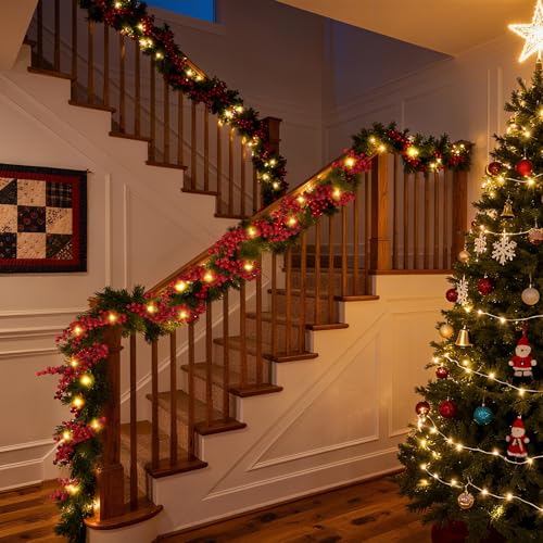 2 Pack 8.9FT Christmas Red Berry Garland with String Lights (2 Count)