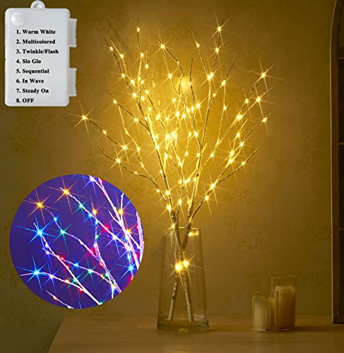 Lighted Birch Branches Battery Operated with 8 Functions 30IN 100 Multi Color and Warm White Lights for Christmas Holiday Party Decoration Indoor Outdoor