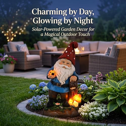 Solar Garden Gnome Statue with Glowing Ladybug & Mushroom