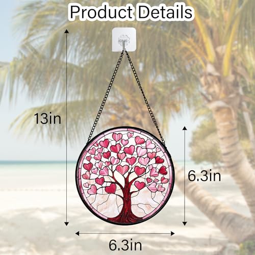 Pink Heart Tree Stained Glass Window Hanging Suncatcher Gifts Decor 6.3"