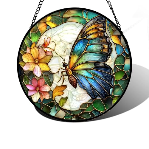 Green Butterfly Flower Stained Glass Window Hanging Suncatcher Gifts 15"