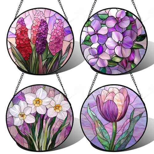 Stained Glass Window Hanging 4 Pcs Set Purple Flower Theme Large 15"