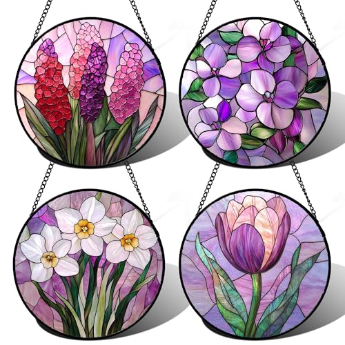 Stained Glass Window Hanging 4 Pcs Set Purple Flower Theme Large 11.8"