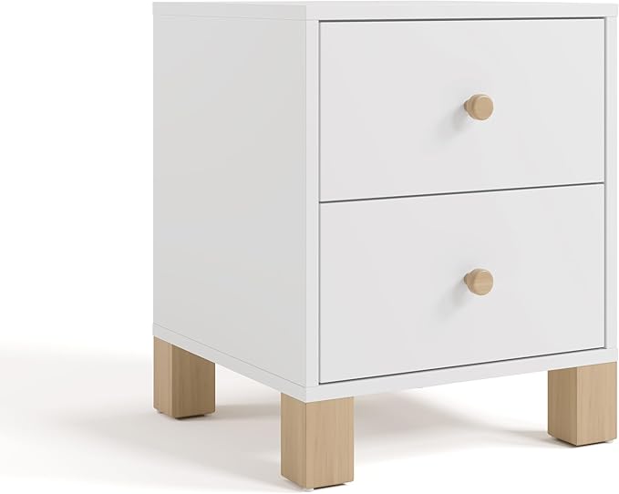 Storkcraft California 2 Drawer Nightstand (White with Driftwood) - GREENGUARD Gold Certified Nightstand for Kids Bedroom, Premium Wood Storage with Elegant, Iconic Block Feet