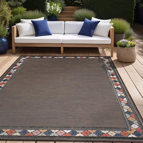 Outdoor Rug 9x12 Modern Bordered Large Area Rugs for Indoor and Outdoor Patio Easy to Clean Non Shedding Living Room Porch Garden Washable Outside Carpet