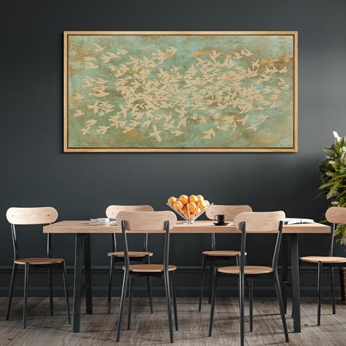 Extra Large Framed Canvas Print Wall Art Rustic Birds in Flight Abstract Pattern Antique Retro Fine Art Illustrations Decorative Colorful for Bedroom