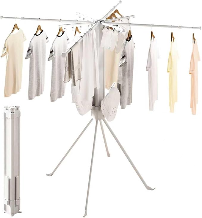 Clothes Drying Rack, Telescoping Tripod Foldable Laundry Dryer, Portable Space Saving Garment Organizer for Laundry Room, Bedroom, Balcony, Apartment & Dorm