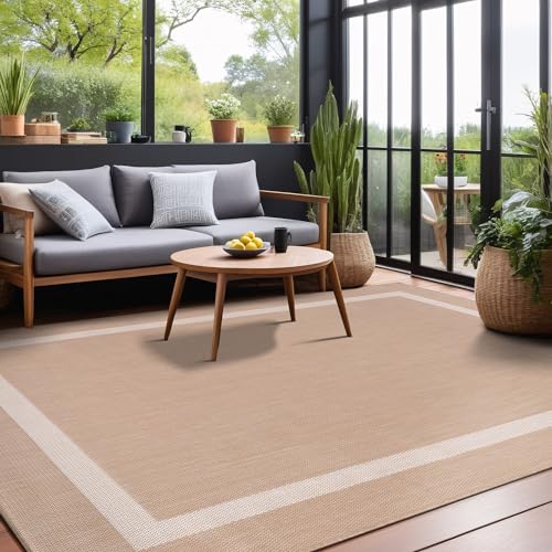 Bordered Outdoor Rug 8x10 Washable Outside Carpet for Indoor Patio Porch Waterproof Easy Cleaning Non Shedding Area Rugs Beige 8 x 10