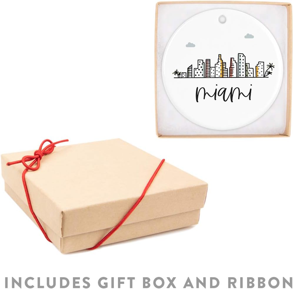 Andaz Press Round Ceramic Porcelain Christmas Tree Keepsake Gift, Colorful City Skyline Miami Ornament, 1-Pack, Birthday Ideas Family Coworker, Includes Box