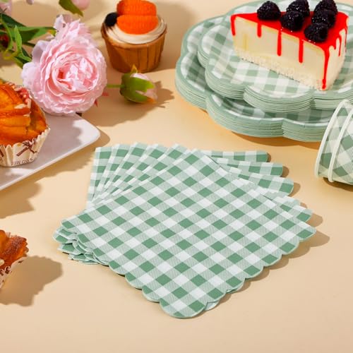 350 Pcs Sage Green Gingham Paper Plates and Napkins Party Supplies