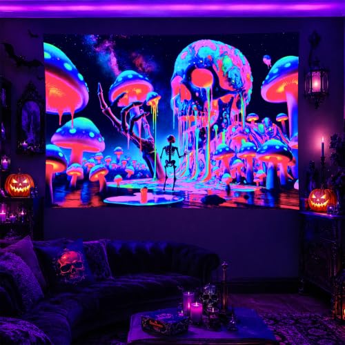 Blacklight Tapestry Skull Mushroom Neon Decor 78 x 59 Inch