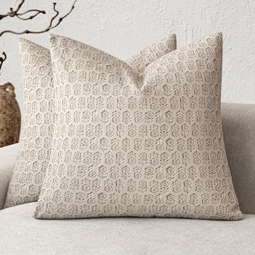 Decorative Floral Print Throw Pillow Covers 22×22 Ivory Beige (2 Count)