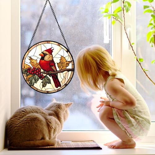 Festive Cardinal Berry Stained Glass Window Hanging Suncatcher Gifts 9.8"