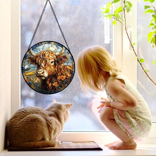 Scottish Highland Cow Stained Glass Window Hanging Suncatcher Gifts 7.8"