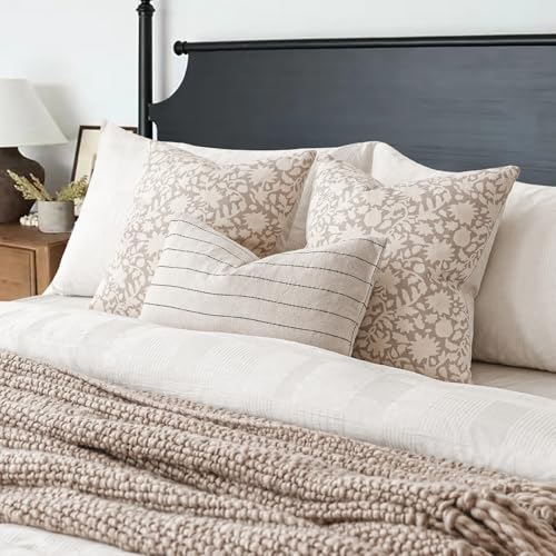 Set of 2 Decorative Neutral Floral Throw Pillow Covers Accent Farmhouse Cushion Covers Boho Lumbar Pillowcase for Couch Sofa Bedroom Living Room Home Decor (2 Count)