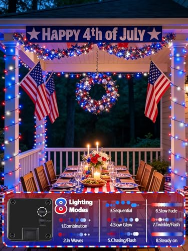 Solar Christmas String Lights Outdoor 2 Pack 200 LED 66FT Red White Blue (2 Count)