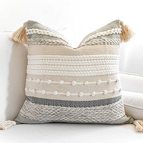 Gray Boho Throw Pillow Cover 20x20 Grey Decorative Accent Pillow for Couch Square Woven Textured Pillowcase Modern Farmhouse Pillow for Bed Bohemian Pillow Cover
