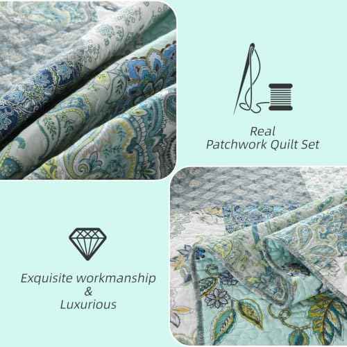 3 Piece Quilt Set King Size Patchwork Paisley Turquoise Floral