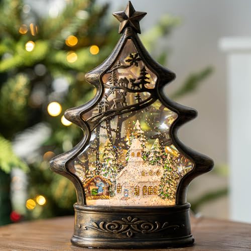 Musical Snow Globe Christmas Tree Lantern Lighted Church with Nativity Manger Scene Water Lantern in Swirling Glitter