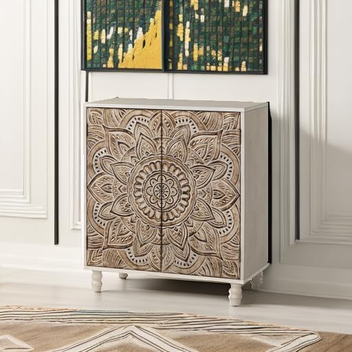 COSIEST 32" W Sideboard Buffet Cabinet with Storage, Accent Cabinet with 2 Push-to-Open Magnetic Doors, Vintage MDF Buffet Table for Living Room, Kitchen, Hallway (Gray,Lotus Pattern) | with Storage, Accent Cabinet, Vintage, Buffet Table, Lotus Pattern
