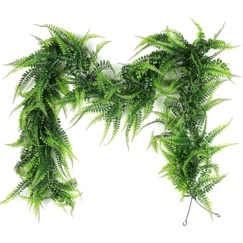 2Pc Artificial Boston Ferns Garland 5.8Ft Green Fake Greenery Vines (11.6 Foot)
