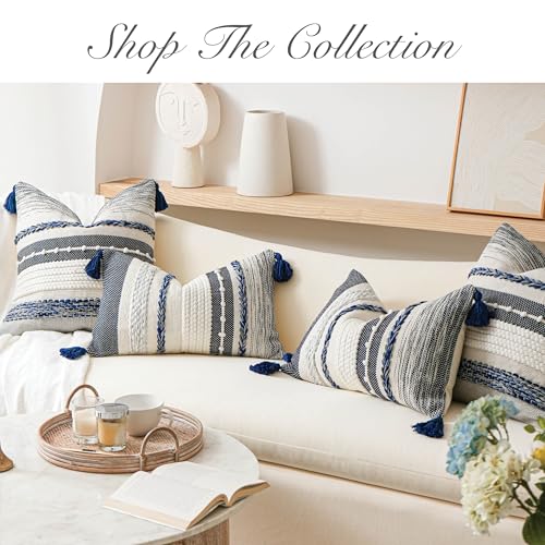 Decorative Lumbar Throw Pillow Cover 14x24 Boho Dark Blue Accent Cushion for Couch Sofa Farmhouse Pillowcase for Bedroom Living Room Home Décor Cover ONLY