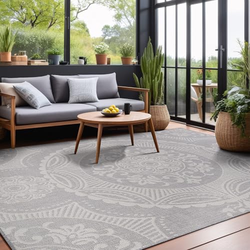 Medallion Outdoor Rug 9x12 Washable Outside Carpet for Indoor Patio Porch Waterproof Easy Cleaning Non Shedding Area Rugs Gray 9 x 12