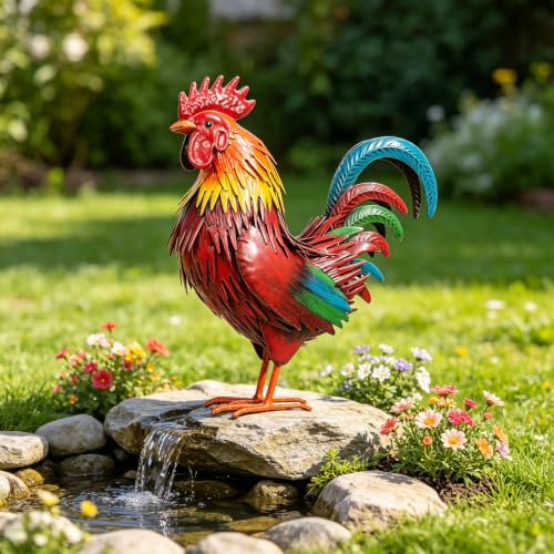 Rooster Garden Statue Sculpture Metal Chicken Yard Decor Outdoor Figurines Patio Backyard Decoration