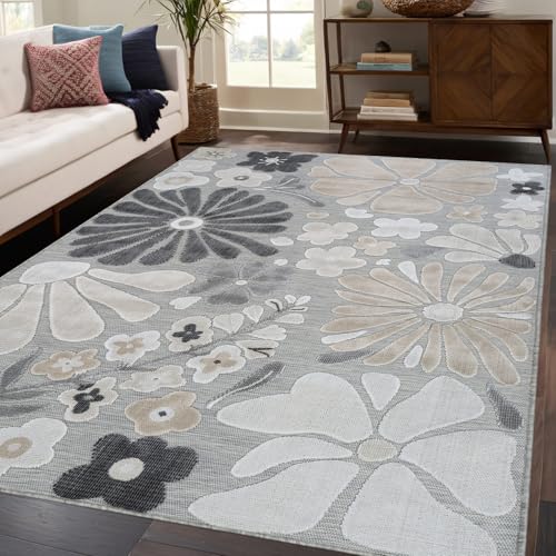 Outdoor Rug 8x10 Modern Floral Tropical Area Rugs for Outdoor and Indoor Patio Easy to Clean Non Shedding Living Room Porch Garden Washable Outside Carpet (80 Sq Ft)