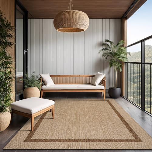 Bordered Outdoor Rug 9x12 Washable Outside Carpet for Indoor Patio Porch Waterproof Easy Cleaning Non Shedding Area Rugs Jute Beige