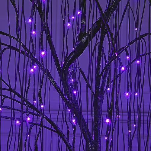 7 FT Halloween Lighted Willow Tree 256 LED Purple Lights Artificial Weeping Willow Tree with 6 Spiders Outdoor Indoor Decoration Christmas Festival Decor (Purple)