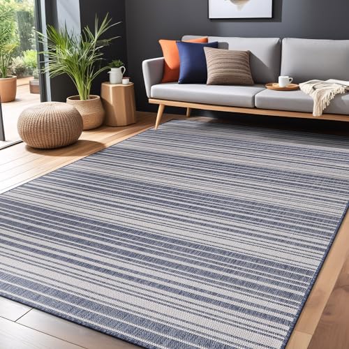 Stripe Outdoor Rug 10x14 Washable Outside Carpet for Indoor Patio Porch Waterproof Easy Cleaning Non Shedding Area Rugs Blue 10 x 14 (140 Sq Ft)