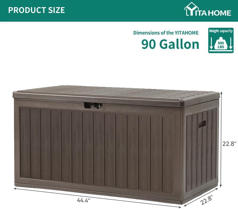 YITAHOME 90 Gallon Large Deck Box, Double-Wall Resin Outdoor Storage Boxes, Deck Storage for Patio Furniture, Cushions, Pool Float, Garden Tools, Lockable & Waterproof (Brown)
