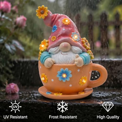 Outdoor Garden Gnome Statue in Teacup with Sunflower Light