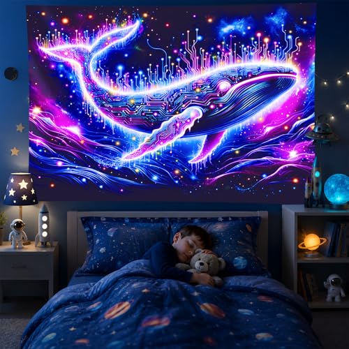 Blacklight Tapestry Cosmic Whale Neon Wall Art 78 x 59 Inch