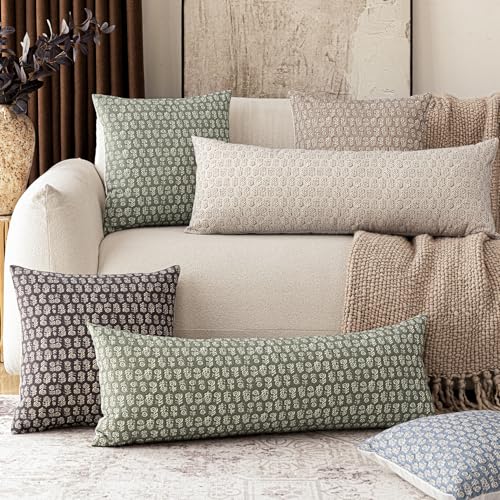 Long Floral Print Lumbar Throw Pillow Covers 14×36 Ivory Beige