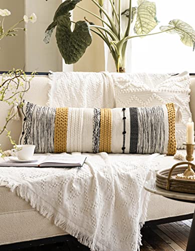 Decorative Lumbar Throw Pillow Cover 14x36 Boho Long Cushion for Bed Yellow Mustard Accent Farmhouse Pillowcase for Bedroom Living Room Couch Sofa Home Décor Cover ONLY