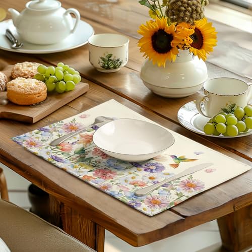 Flowers Bird Spring Summer Placemats Set of 4 Watercolor Floral Hummingbird Butterfly Place Mats 12x18 Inch Wildflowers Grass Seasonal Farmhouse Linen Table Mat for Kitchen Dining Decor (4 Count)