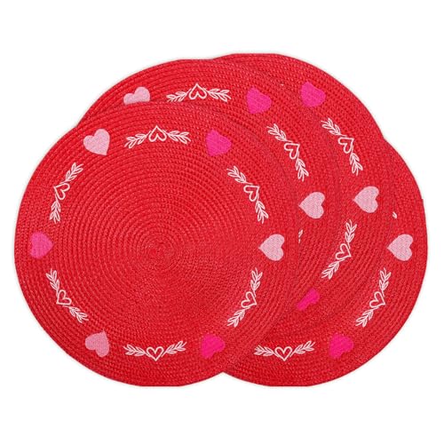 4 Pcs Round Valentine's Day Red Pink Placemats Embroidered Place Mats Love Heart Table Mat Decorative Dinner Table Mats for Home Wedding Anniversary Party Decor (4 Count)