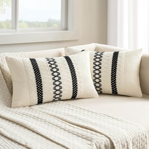 Set of 2 Black Boho Decorative Lumbar Pillow Covers 12x20 Inch (2 Count)