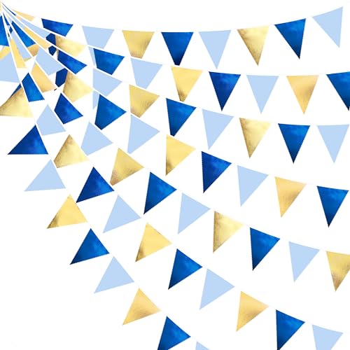 Gold Blue Party Decoration Gradient Blue and Gold Triangle Pennant Banner Flag Metallic Fabric Bunting Garland for Nautical Ahoy Achor Birthday Graduation Retirement Wedding Baby Shower Party Supplies (36 Count)