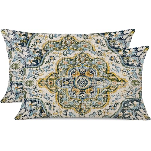 Outdoor Waterproof Pillow Covers 12X20 Set of 2 Bohemian Vintage Carpet Pattern Pillow Covers Green Blue Ethnic Design Decorative Farmhouse Cushion Case for Couch Garden (7.5 Count)