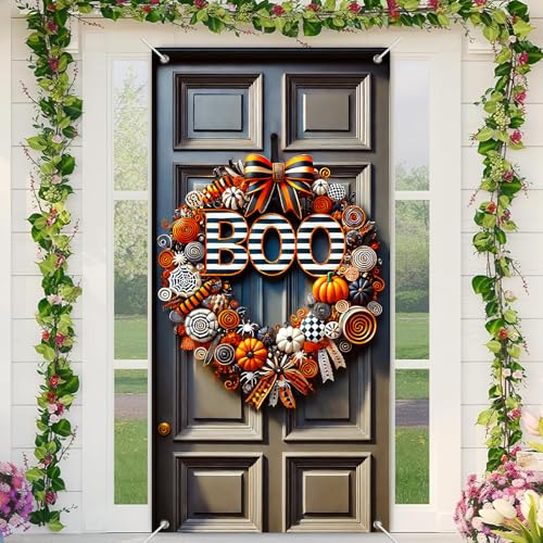 Halloween Door Cover Spiders Swirl Ribbon 35x71 Inch Polyester