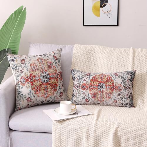 Outdoor Waterproof Pillow Covers 18x18 Inch Set of 2 Bohemian Vintage Carpet Pattern Pillow Covers Blue Burnt Orange Ethnic Design Decorative Farmhouse Couch Garden Balcony (8 Count)