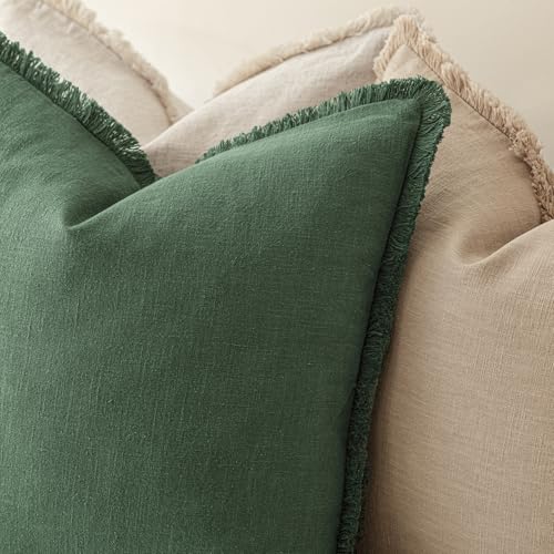 Decorative Linen Fringe Throw Pillow Covers 16×16 Pine Green (2 Count)