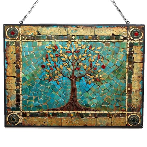 Rectangle Tree of Life Stained Glass Window Hanging Sun Catcher Halloween Haning Ornament Decoration Christmas Birthday Gifts for Lover Friends Mother