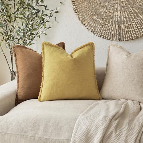 Decorative Linen Fringe Throw Pillow Covers 20×20 Ginger Yellow (2 Count)