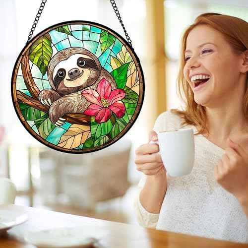 Stained Glass Window Hanging Sloth Flower Suncatcher Gifts for Women 12"