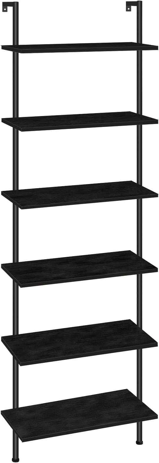 HOOBRO DIY Ladder Shelf, 6-Tier Wall Mounted Bookshelf, Office Vertical Bookcase, Wooden Storage Shelves for Home Office, Bedroom, Black BB65CJ01